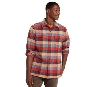 LL Bean | Men's Red Orange Plaid Traditional Fit Flannel Cotton Shirt, Size L